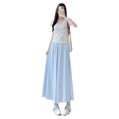 蓝色仙仙裙裤女高腰垂感小个子