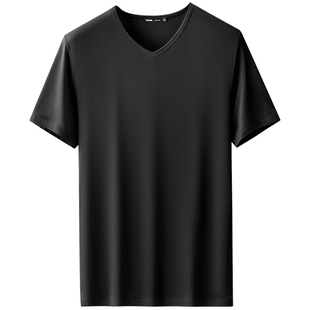 60支莫代尔冰丝T恤男短袖V领夏季凉感速干薄款鸡心领纯色半袖黑色