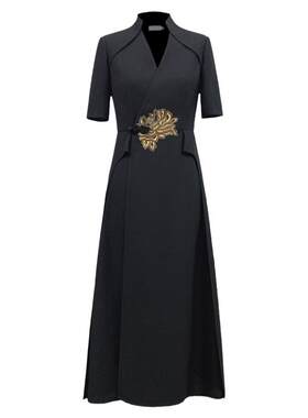 浒城古娘西服连衣裙V领时装料