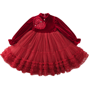 女童加绒连衣裙冬装2025新款洋气儿童丝绒网纱公主裙小女孩新年裙