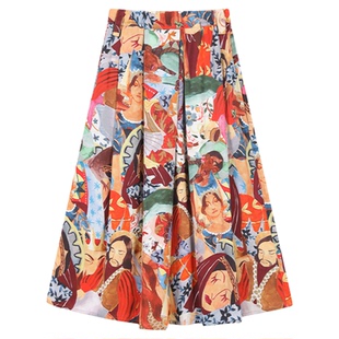 tanni25春新款沉睡的王国印花优雅宽松A字松紧腰半身裙TO11SK014A