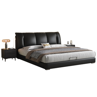 政府补贴DDC黑色真皮床高箱储物床意式极简主卧床1.8双人床软包床