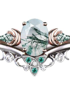 玫瑰金白金绿色苔藓玛瑙戒指风筝