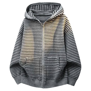 NASA品牌高级感条纹针织衫连帽毛衣外套男士秋冬季休闲开衫上衣潮