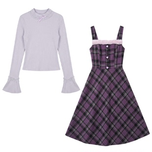 织物猪 甜莓黑巧 复古风深紫色格纹连衣裙女秋冬高级毛呢背带长裙