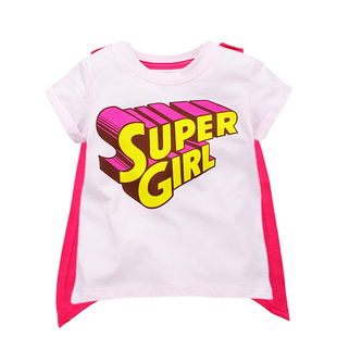 2026夏季中小童男女童宝宝超人女孩SUPER Girl披风短袖纯棉T恤潮