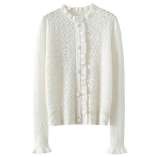 法式秘境~重工挑花镂空100%纯山羊绒开衫女圆领羊绒毛衣针织外套