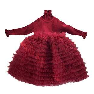 女童毛衣裙秋冬款2025新款圣诞款蛋糕蓬蓬纱裙儿童加厚红色拜年服