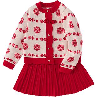 巴拉巴拉女童裙子套装儿童洋气红色拜年服两件套春秋季新款童装潮