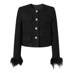 MOISSAC摩萨克冬季款法式优雅羽毛袖口小香风粗花呢短外套