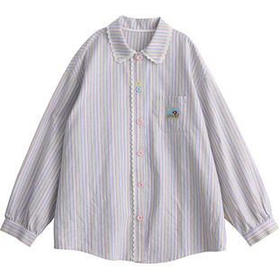 诺诺公主S1N条纹衬衫初中生春韩系彩色青少年大童设计感上衣百搭