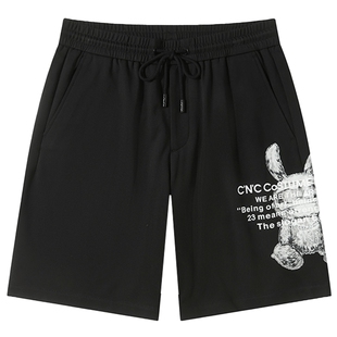 CNC男装奥莱春夏新款字母涂鸦玩偶印花休闲抽绳五分短裤男