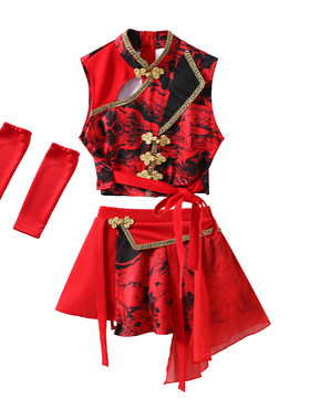 儿童中国风爵士舞演出服红色国潮套装女童古典舞蹈服喜庆走秀表演