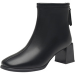 大东女靴2025冬季新款时尚粗跟女短靴高跟方头后拉链加绒保暖女鞋