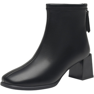 大东女靴2025冬季新款时尚粗跟女短靴高跟方头后拉链加绒保暖女鞋