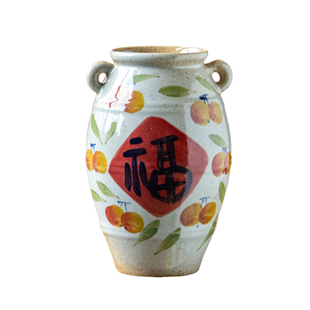 景德镇手工陶瓷花瓶手绘双耳福字喜字复古花器装饰品摆件水培鲜花
