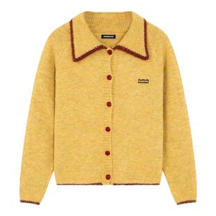 i.t GROUNDZERO2025秋冬黄色长袖保暖翻领撞色毛衣针织开衫女