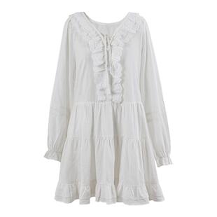 森女部落甜美风蕾丝拼接设计感V领百搭长袖连衣裙女2026新款春季