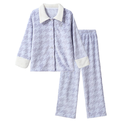 tutuanna秋冬睡衣女 日本同款法兰绒千鸟格加厚保暖家居服套装女
