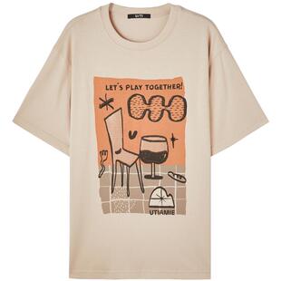 U/TI浅米色涂鸦印花中长款T恤女装 宽松休闲短袖尤缇2025夏季新款