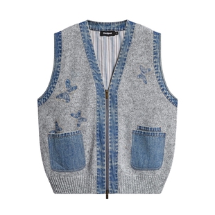 Desigual26秋冬新品宽松蝴蝶印花牛仔拼接女式针织马夹