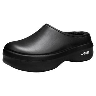 JEEP加绒厨师鞋男冬季外穿2025新款洞洞鞋厚底增高棉拖女冬棉拖鞋