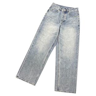 VUJADE009全棉美式cleanfit复古vibe蓝色做旧水洗直筒牛仔裤潮