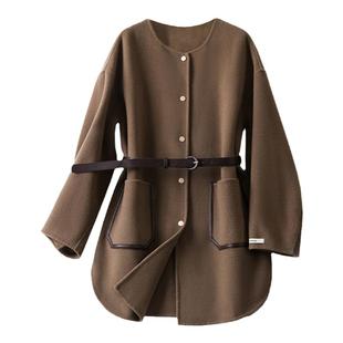 双面羊绒大衣女秋冬新款洋气圆领短款毛呢外套小个子羊毛中款上衣