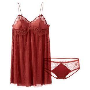 HSIA遐吊带吊裙三角裤套装法式性感睫毛蕾丝拼接网纱三角杯睡裙女
