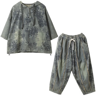 孔雀飞飞夏装韩版大码遮肉印花两件套牛仔套装女装2026新款洋气