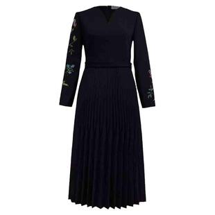 绵羊毛秋季精致刺绣花优雅长袖手工压褶气质黑色简洁大方女连衣裙