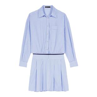 Maje Outlets女装法式时尚蓝色翻领条纹短款长袖棉质衬衫式连衣裙