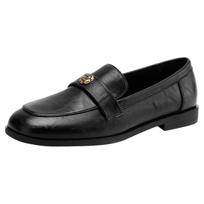 达芙妮黑色乐福鞋女2025新款秋冬山茶花平底单鞋英伦风小皮鞋软底