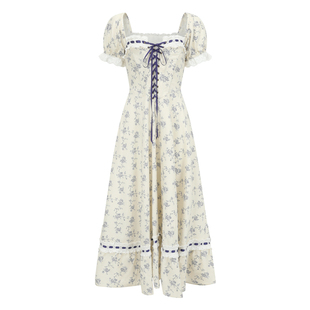 LaceMade 春野蓝藤花 法式设计感田园风印花显瘦鱼骨胸衣连衣裙