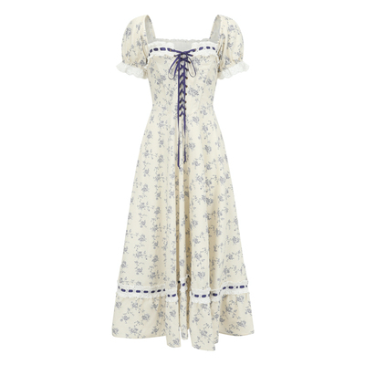 法式连衣裙棉质蓝藤花鱼骨胸衣