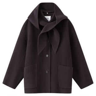 RUISHI芮时 “布尔乔亚”羊驼毛混纺兔耳围巾圆领双面呢大衣女冬