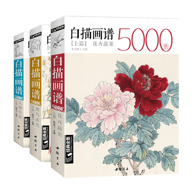 经典全集 3本白描画谱5000例 上篇花卉果蔬 中篇禽鸟走兽 下篇人物鱼虫 中国历代工笔画白描全集入门国画画册临摹书籍 杨建飞