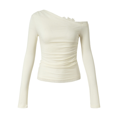 RPB BRAND 蕾丝拼接斜肩长袖T恤女修身显瘦设计感一字肩露肩上衣