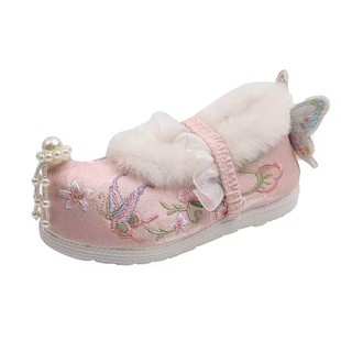 冬季新款古装儿童汉服鞋女童宝宝国风绣花鞋加绒虎头棉鞋拜年鞋红