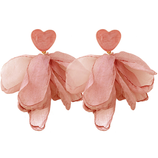 IPINK浪漫轻纱花瓣耳环纯欲玫粉色爱心耳饰耳夹气质度假风显脸小