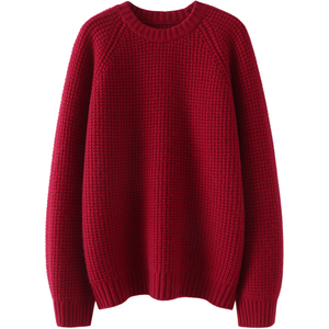 美心动！车厘子红~重磅加厚圆领羊绒衫女纯羊绒毛衣针织衫宽松冬