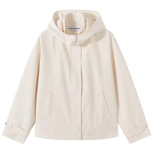 美特斯邦威女士短款风衣春夏季款纯色舒适潮流可拆卸夹克连帽外套