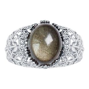 天然黑曜石金曜石蕾丝戒指大码食指纯银指环气质夸张可调节新年礼