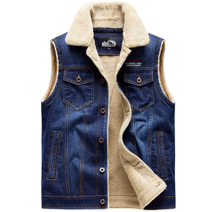 秋冬牛仔马甲男加绒加厚背心羊羔毛外套工装多口袋坎肩钓鱼马夹男