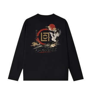CLOTTEE by CLOT国风祥瑞仙鹤印花黑色t恤男女秋季宽松长袖体恤K