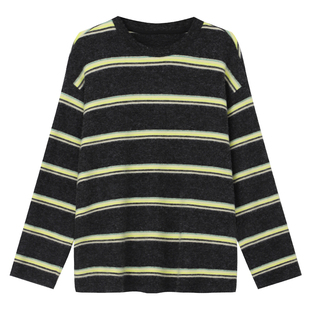孙文秀studio长袖撞色条纹毛茸茸起球风宽松大版圆领条纹T恤慵懒