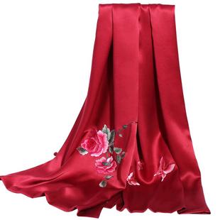 婚礼旗袍披肩女真丝桑蚕丝手工苏绣盘扣丝巾牡丹刺绣礼品酒红围巾