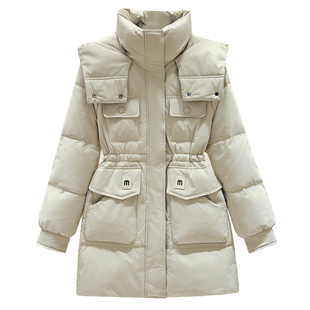 绿色连帽收腰中长款羽绒服女遮屁股洋气2025冬季新款加厚保暖外套