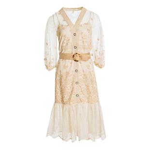 HONB红贝缇商场同款叶子花网轻薄渐变刺绣轻奢泡泡袖鱼尾连衣裙