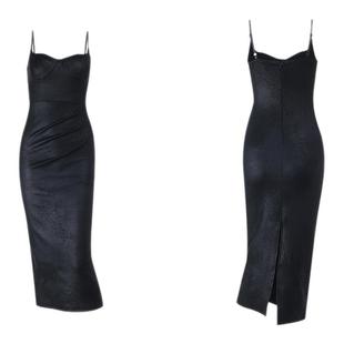 instunning美式复古高级感黑色皮裙长裙女早春性感修身吊带连衣裙